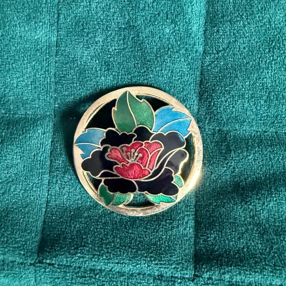 Red Floral Cloisonné Brooch with Gold Accents